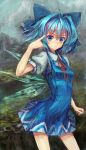  blue_eyes blue_hair bow cirno dress hair_bow highres lm7_(op-center) op-center pointing revised revision short_hair solo touhou wings 