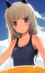  animal_ears bare_shoulders blonde_hair blue_eyes cloud commentary_request eila_ilmatar_juutilainen frown helma_lennartz innertube long_hair one-piece_swimsuit shimada_fumikane solo strike_witches swimsuit wet 