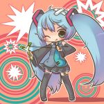  bandages bandaid blue_eyes blue_hair chibi concentric_circles hatsune_miku highres injury long_hair scrape semausa slingshot spring_onion thigh-highs thighhighs tongue twintails vocaloid wink 