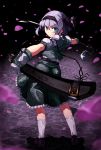  absurdres belt blurry depth_of_field from_behind gloves green_eyes hair_ribbon highres katana kinniku1234 konpaku_youmu petals ribbon scabbard sheath shirt short_hair silver_hair skirt skirt_set solo standing sword tassel touhou turning weapon 