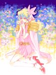  dress flower hair_flower hair_ornament hands_clasped high_heels multicolored_hair nia_teppelin pink_dress shoes sitting solo tegaki tengen_toppa_gurren-lagann tengen_toppa_gurren_lagann two-tone_hair 