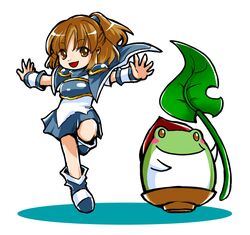  armor blush_stickers brown_eyes brown_hair dongurigaeru frog leaf leg_up madou_monogatari outstretched_arms pauldron pauldrons ponytail puyopuyo ragosupi_(ragospi) short_hair simple_background spread_arms 