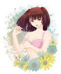  adult bangs bare_shoulders blunt_bangs bra breasts brown_hair cleavage collarbone eyelashes flower gradient_hair hair_bobbles hair_ornament highres lingerie lips maison_ikkoku multicolored_hair poko_(dabohage) red_eyes short_hair short_twintails solo striped tongue twintails underwear yagami_ibuki 