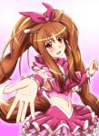  blush brooch brown_hair cosplay cure_melody cure_melody_(cosplay) diesel-turbo fang heart holo horo jewelry koshimizu_ami magical_girl midriff navel precure red_eyes seiyuu_connection skirt spice_and_wolf suite_precure tail twintails wolf_ears wolf_tail 