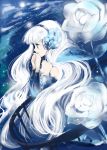  balcony blue_eyes cloud covering covering_face covering_mouth detached_sleeves dress flower gwendolyn hair_ornament hairband jewelry koto2 long_hair moon night night_sky odin_sphere ring rose silver_hair sky solo strapless_dress very_long_hair white_rose 