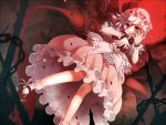  bat_wings bubble_skirt chain dress embellished_costume frills full_moon hands hat looking_at_viewer mondo moon orange_eyes red_eyes red_moon red_sky remilia_scarlet short_hair silver_hair sky socks solo touhou white_legwear wings wrist_cuffs 