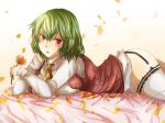  ascot ass blush bottomless breast_rest breasts flower garter_straps green_hair kazami_yuuka large_breasts no_panties no_pants on_stomach petals plaid plaid_vest red_eyes seo_(xxkitoxx) shirt short_hair solo thigh-highs thighhighs touhou vest white_legwear youkai 
