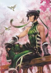  armor bird boots cherry_blossoms dynasty_warriors flower gloves guan_suo hat koei male sangoku_musou shield short_hair sitting solo warrior 