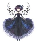  1girl b.a.d. bad_id beyond_another_darkness black_dress black_gloves black_hair character_request cross dress elbow_gloves eyeball fake_wings faux_wings feathers gloves hair_ornament hairband hat jewelry kona_(canaria) mayusumi_azaka mayuzumi_azaka necklace official_art pendant red_eyes ribbon_choker short_hair smile solo wings 