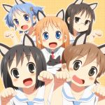  aioi_yuuko animal_ears black_cat black_cat_(animal) black_eyes black_hair blue_eyes blue_hair brown_eyes brown_hair cat cat_ears cat_pose child glasses hair_cubes hair_ornament hakase_(nichijou) highres kemonomimi_mode labcoat lacosoregashi long_hair minakami_mai multiple_girls naganohara_mio necktie nichijou open_mouth orange_hair paw_pose professor_shinonome sakamoto_(nichijou) school_uniform shinonome_nano short_hair short_twintails smile twintails 