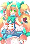  blazblue blonde_hair fork gloves green_eyes hairband kuro_yuzu long_hair low-tied_long_hair platinum_the_trinity quad_tails ribbon smile thighhighs two_side_up 