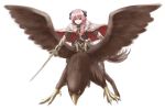  1boy armor braid cape fate/apocrypha fate_(series) gauntlets hippogriff open_mouth pink_eyes pink_hair rider_of_black riding single_braid smile sword weapon wings wizs 