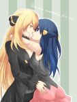  almost_kiss bad_id blonde_hair blue_eyes blue_hair breasts dress duo english hair_ornament hair_over_one_eye hand_on_hip hikari_(pokemon) hinase_kei hinasekei long_hair multiple_girls mutual_yuri nintendo pokemon pokemon_(game) pokemon_dppt shirona_(pokemon) smile striped striped_background vertical_stripes yellow_eyes yuri 