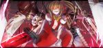  alternate_weapon alternate_wings blonde_hair bow buster_sword flandre_scarlet glowing glowing_eyes grin hair_ribbon laevatein mito_(calcomer) no_hat no_headwear red_eyes ribbon short_hair side_ponytail smile solo sword teeth the_embodiment_of_scarlet_devil touhou weapon wings 