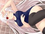  bad_id bare_shoulders black_legwear breasts elf large_breasts long_hair lying on_back one-piece_swimsuit open_mouth original pointy_ears red_eyes school_swimsuit solo swimsuit thigh-highs thighhighs tsukumiya_amane white_hair wink 
