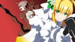  2girls aestus_estus blonde_hair dual_persona fate/extra_ccc fate_(series) green_eyes magi_the_labyrinth_of_magic multiple_girls parody projected_inset saber_bride saber_extra style_parody sword veil weapon yakitori_(oni) 