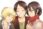  1girl 2boys armin_arlert closed_eyes eren_jaeger friends happy mikasa_ackerman multiple_boys shingeki_no_kyojin smile u3umeee 