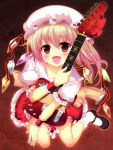  blonde_hair blush electric_guitar fang flandre_scarlet guitar hat instrument kneeling mary_janes open_mouth pikazo red_eyes shoes smile solo the_embodiment_of_scarlet_devil touhou 