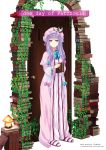  blue_eyes book bow crescent door dress english hair_bow hat lamp nabeshima_tetsuhiro patchouli_knowledge plant purple_hair solo touhou vines 