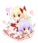  bad_id bat_wings blonde_hair blush bow cellphone chibi fang flandre_scarlet footwear hair_bow lavender_hair multiple_girls no_hat no_headwear open_mouth phone pillow playing_games playstation_portable psp red_eyes remilia_scarlet short_hair siblings side_ponytail sisters smile socks touhou translated translation_request wings yukiu_kon 