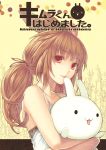  animal_ears bare_shoulders brown_hair bunny_ears camisole cover hair_ornament kimura-san_(kimura_daisuke) kimura_daisuke long_hair looking_at_viewer object_hug original red_eyes solo stuffed_toy twintails 