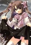  blush brown_eyes brown_hair happy long_hair nishimata_aoi oretachi_ni_tsubasa_wa_nai panties pink_panties ribbon scarf school_uniform seifuku skirt skirt_lift sky snow solo twintails watarai_asuka winter 