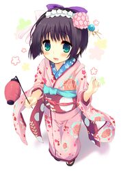  black_hair blunt_bangs blush bow floral_print from_above geta green_eyes hair_ornament ikoku_meiro_no_croisee japanese_clothes kimono kinoko lantern obi open_mouth sandals short_hair solo yune_(ikoku_meiro_no_croisee) 