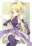  armor black_legwear blonde_hair blush breasts dog_days elbow_gloves fingerless_gloves fox_ears fox_tail gloves green_eyes highres ichi_makoto japanese_clothes jewelry katana large_breasts necklace ponytail smile solo sword tail thigh-highs thighhighs weapon yukikaze_panettone 