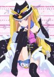  bird black_legwear detached_sleeves directional_arrow errant hat long_hair mawaru_penguindrum paw_print penguin penguin_2-gou princess_of_the_crystal purple_eyes sitting smile star takakura_himari thigh-highs thighhighs violet_eyes 