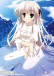  blush dress gray_eyes grey_hair grey_eyes grey_hair kasugano_sora long_hair naruse_mamoru ribbon sky solo water wet yosuga_no_sora 