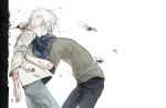  blue_hair bruise closed_eyes debris eyes_closed facial_mark injury knife kokenishian male multiple_boys nezumi_(no.6) no.6 shion_(no.6) short_hair sion_(no.6) stabbing white_hair 