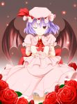  bat_wings blue_hair bow flower hat hat_bow highres red_eyes red_rose remilia_scarlet rose short_hair solo touhou wings wink wrist_cuffs 