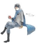  alternate_hairstyle apple bad_id blue_hair crossed_legs fingerless_gloves food fruit gloves holding holding_apple holding_fruit kokenishian legs_crossed male mouse nezumi_(no.6) no.6 scarf short_hair sitting solo 