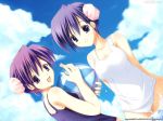  2girls blue_eyes duo fun happy himeyuri_sango purple_hair short_hair swimsuit to_heart_2 violet_eyes water waterball wet yuzuhara_konomi 