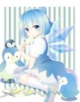  &gt;_&lt; arm_support bad_id between_legs bird blue_eyes blue_hair blush bow chibi cirno dress dress_shirt fang food hair_bow hand_between_legs highres ice ice_cream isk kneehighs mary_janes open_mouth package penguin popsicle puffy_sleeves shirt shoes short_hair sitting solo striped striped_background touhou wariza white_legwear wings 