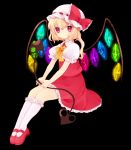  ascot bad_id blonde_hair blush flandre_scarlet footwear hat ia_(artist) ia_(carat) laevatein lance mary_janes polearm red_eyes shoes side_ponytail sitting skirt socks solo the_embodiment_of_scarlet_devil touhou weapon white_legwear wings 