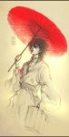  black_hair glasses green_eyes hakama highres itoshiki_nozomu japanese_clothes kimono lips looking_down male mezamero oriental_umbrella sayonara_zetsubou_sensei sketch solo spot_color suitcase umbrella 