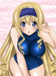  blue_eyes blush bodysuit breast breasts cecilia_alcott curly_hair earring hairband infinite_stratos kizaki_yuuri leotard long_hair open_mouth pilot_suit solo swimsuit 