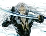  final_fantasy final_fantasy_vii foreshortening highres katana long_hair male masamune nodachi sephiroth silver_hair solo sword tetra_takamine weapon 