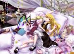  arm_up bed blonde_hair bloomers blue_hair book box braid cake chain chained character_doll clock cuffs cup flandre_scarlet flower food gothic_lolita hairband hand_on_hip hat hips kirisame_marisa lolita_fashion lying mary_janes mirror multiple_girls on_back on_side pillow plush_toy red_rose remilia_scarlet rose rozen_maiden shackle shackles shirt shoes side_ponytail skirt skirt_set sleeping star stuffed_animal stuffed_bunny stuffed_toy suigintou table teacup teapot teddy_bear tile_floor tiles touhou yellow_eyes yuna-yume 