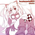  beatmania beatmania_iidx between_breasts blush boots breasts cat_ears celica chiri_(atlanta) headphones long_hair mizushiro_celica monochrome necktie sitting smile solo twintails 