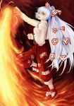  bow fire fujiwara_no_mokou hair_bow highres long_hair red_eyes shoes solo suspenders touhou very_long_hair white_hair yodai_(room69) 