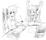  book byeontae_jagga fate_testarossa henshako lyrical_nanoha mahou_shoujo_lyrical_nanoha monochrome quill sketch studying twintails yawning 