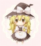  black_dress blonde_hair blush braid chibi dress hair_ribbon hat highres kirisame_marisa long_hair ribbon solo standing tamichan touhou v_arms witch witch_hat yellow_eyes 