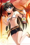  bikini_top black_hair blue_eyes bottle bow breasts earrings front-tie_top fujimiya_yuu ganaha_hibiki hair_bow highres idolmaster jewelry long_hair navel ponytail sandals shiny shiny_skin shorts sideboob smile sunset underboob 