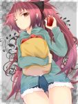  apple blush food jacket kazu_kakao long_hair mahou_shoujo_madoka_magica ponytail redhead ribbon sakura_kyouko shorts solo thigh-highs wink 