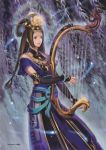  blue_shirt braid braids brown_hair cai_wenji dress dynasty_warriors earring female flower gloves harp headdress instrument jewelry koei long_gloves long_hair music musical_instrument official_art sangoku_musou shin_sangoku_musou smile solo standing 