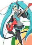  aqua_hair boots detached_sleeves electric_guitar green_eyes grin guitar hatsune_miku headset highres instrument long_hair mouth_hold necktie plectrum skirt smile thigh-highs thigh_boots thighhighs twintails utouto very_long_hair vocaloid whammy_bar 