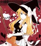  blonde_hair blue_eyes bow braid broom character_name hat hat_bow heart itsuya kirisame_marisa long_hair smile solo touhou witch witch_hat 