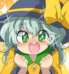  1girl arms_up blush clenched_hands eromame face fist green_eyes hat komeiji_koishi lowres open_mouth shirt silver_hair smile solo sparkle touhou 